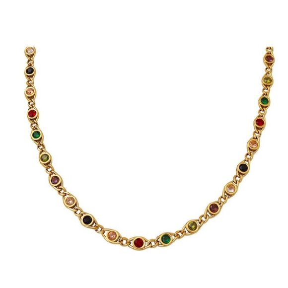 GOLD LINK NECKLACE WITH JEWEL TONE CZ INSETS, LOOKS LIKE FINE JEWELRY - Picture 1 of 2